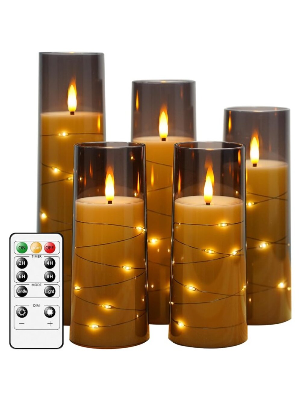 Flameless LED Candles Set 5 Flickering Timer Acrylic Shell Embedded String